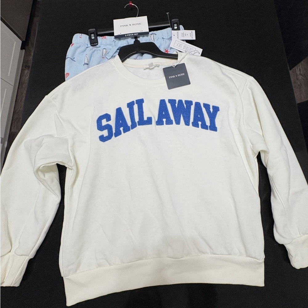 Pink Rose Cream Sweater with Blue 'Sail Away' Print